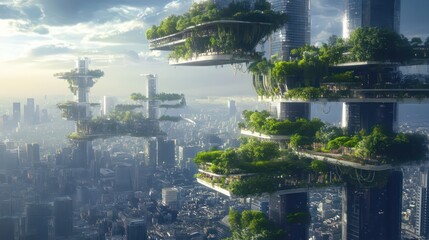 Futuristic Cityscape with Greenery-Filled Floating Platforms and Skyscrapers in the Sky
