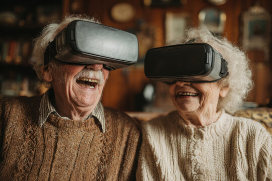 Elderly couple sharing joyful moment wearing virtual reality headsets together in cozy sweaters at home.