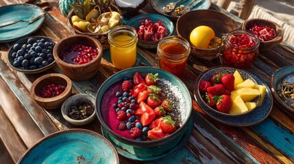 Colorful Summer Fruit Breakfast on Rustic Table