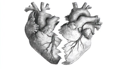 Two broken hearts depicted in grayscale