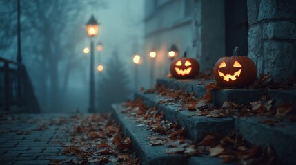 Spooky Halloween Pumpkins on Foggy Steps