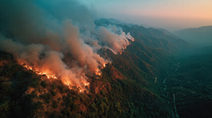 Naklejka premium Wildfire spreading through dry forest on mountain ridge with thick smoke and glowing flames at sunset.