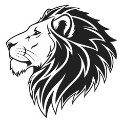 Powerful black and white lion head profile illustrative design for logos and graphics