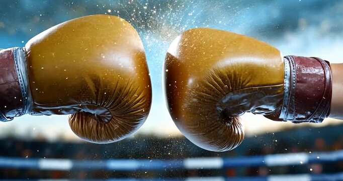 Close up of two boxing gloves in gold color colliding against a blurred stadium background with lens flares and sparkles representing an aggressive and competitive match in a video