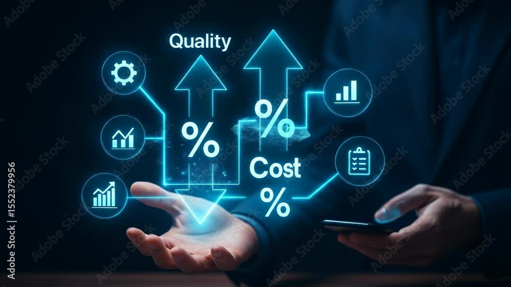 Poster quality cost percentage business growth and finance technology with digital data analysis concept sh
