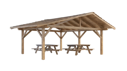 Rustic wooden picnic shelter with steep roof and open design, perfect for outdoor gatherings and social events in natural surroundings