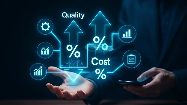 Quality cost percentage business growth and finance technology with digital data analysis concept showing improvement efficiency and financial growth using glowing blue icons and arrows for modern