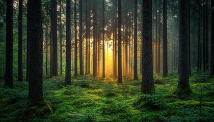 Rewilding forest area, new growth among old trees, biodiversity restoration, vibrant greens