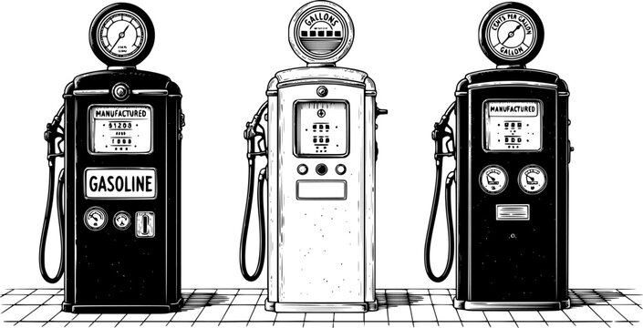 Retro gas fuel pump station isolated on white, charcoal drawing. Pump, gasoline, nozzle, gas, vintage. EPS 10 version.