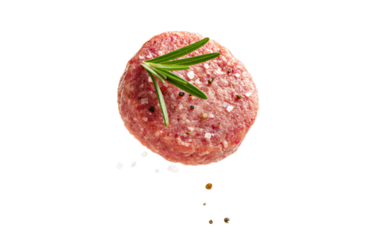 A meat patty with a sprig of rosemary on top