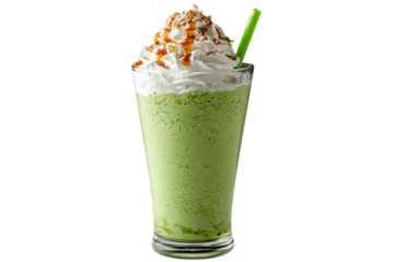 A green drink with whipped cream on top in a glass