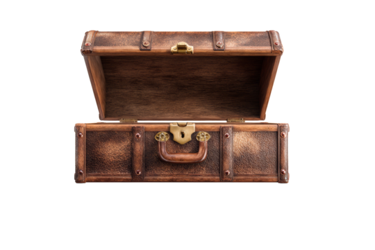 A wooden trunk with a gold latch is open