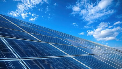 Solar panels on commercial building, modern architecture, clean energy, bright blue sky
