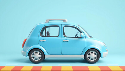 3D cartoon blue car illustration, ideal for transport concept, children&rsquo;s content, or travel and mobility themes.