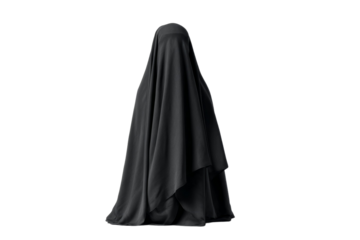 A person is wearing a black cloak and is standing in front of a white background