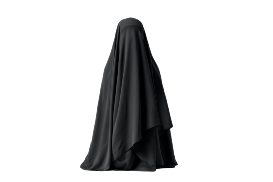 A person is wearing a black cloak and is standing in front of a white background