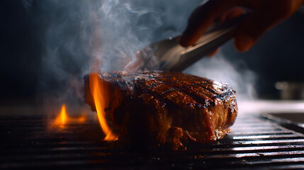 Naklejka premium Close-Up of Sizzling Ribeye Steak on Hot Grill with Flames and Smoke in Culinary Kitchen Environment