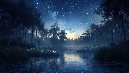 Starry sky over forest, peaceful night, nature s wonder, environmental inspiration