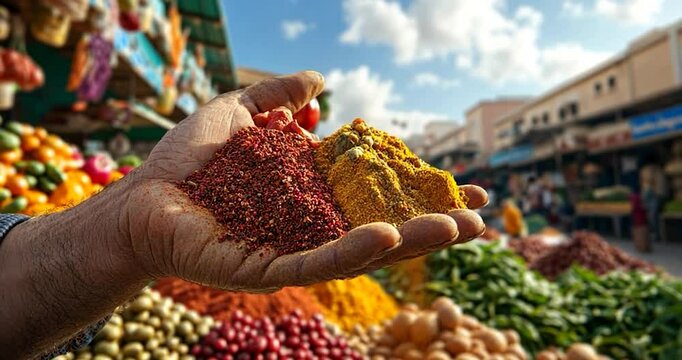 Close up of a hand holding vibrant seasonings at a bustling outdoor market surrounded by colorful produce and a sunny blue sky