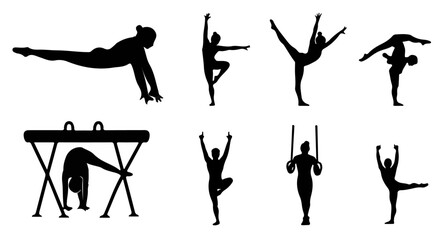 Gymnastics silhouettes showcase athletic skill and graceful movements for artistic and sports illustrations.