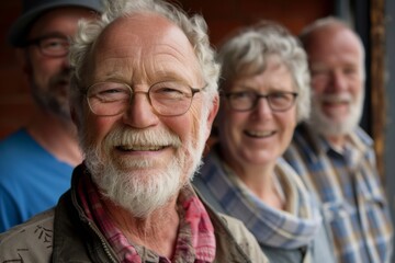 Portrait of happy senior friends smiling and looking at camera in home