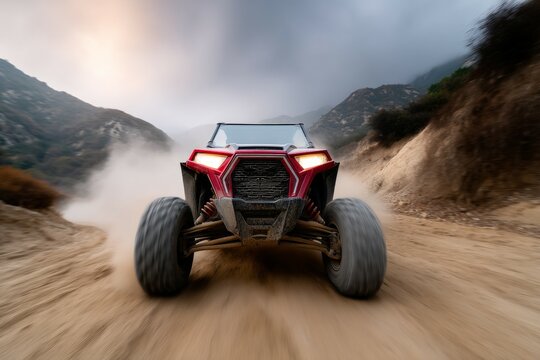 Off-road adventure with red all-terrain vehicle in dusty mountain landscape - Powered by Adobe