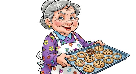 Fototapeta premium Cartoon grandmother baker holding a tray of cookies, smiling, isolated on white background. Family cooking character.