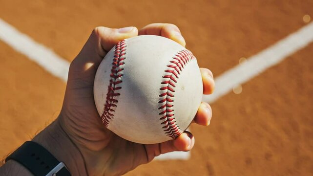 Close-up of a hand holding a baseball with a baseball field as a blurred background
