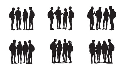 Group of four young friends standing together in silhouette against a white background