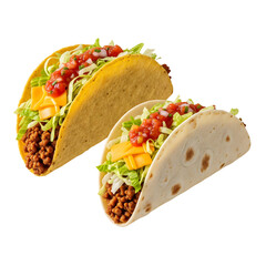 Two tacos on white or transparent background, One is crispy and the other is soft