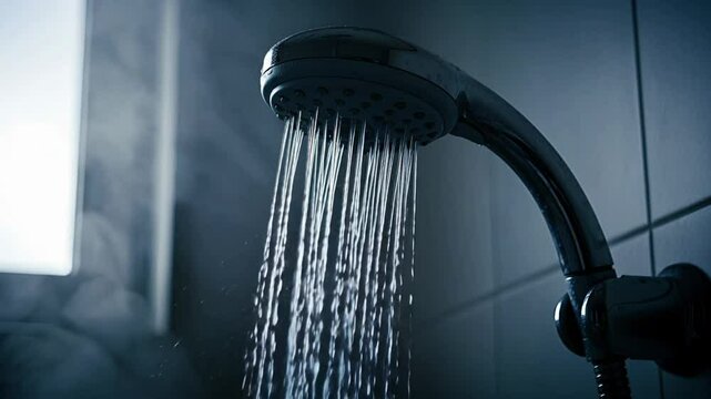 Running shower head with steam in a modern bathroom, hygiene and relaxation