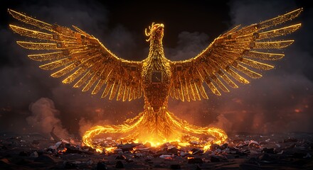 Golden phoenix rising from rubble technological bird spreads wings