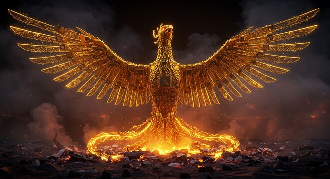 Golden phoenix rising from rubble technological bird spreads wings - Powered by Adobe