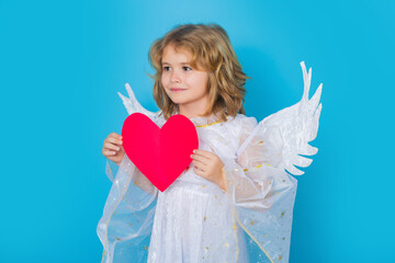 Angel kid with heart. Valentine angel. Little cupid child. Kid angel with angels wings, isolated on...