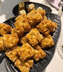 Traditional patriotic Argentinian sweet pastries. Top view of crispy pastelitos stuffed with quince and sweet potato jam