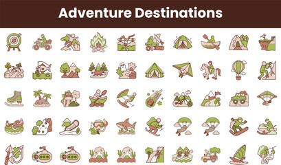 A colorful collection of adventure-themed icons including camping, skiing, and mountain biking, ideal for travel enthusiasts and outdoor lovers.