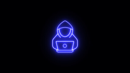 Neon illustration of a digital hacker operating a laptop against a black background representing cybercrime and data security threats