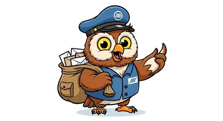 Obraz premium Cartoon mailman owl delivering letters with a mailbag and hat, smiling, isolated on white background. Postal service animal character.