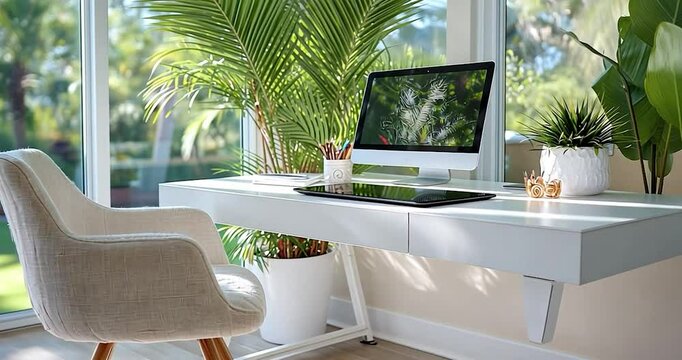 Modern white desk with a computer near a window with natural lighting and plants in a home office setting