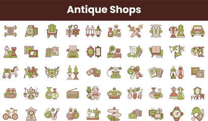 A vibrant collection of antique shop icons featuring various items like furniture, clocks, and vintage decor, showcasing a nostalgic charm in earthy tones.