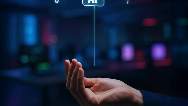 Artificial intelligence with automatic data analysis and tas technology featuring digital system icons and futuristic interface above open hand