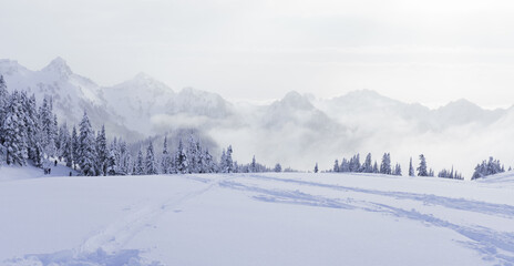 Misty Mountains Behind Snowy Field