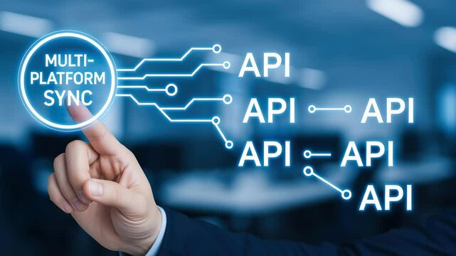 Multi platform sync concept with hand pointing digital interface featuring api connection and automatic ai technology for seamless integration