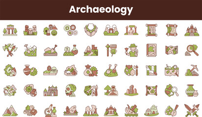 A vibrant collection of colorful icons representing various aspects of archaeology including tools, sites, and artifacts, creating a playful educational vibe. © Pixset Pro