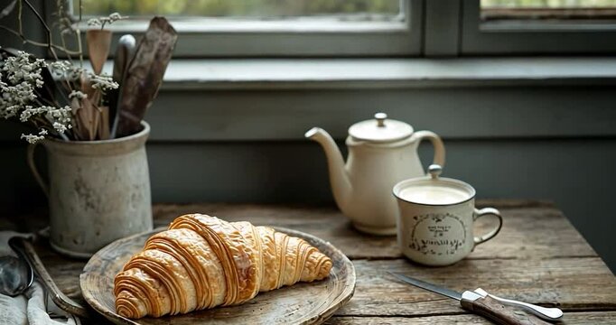 Video still of a croissant on a plate with tea set and flower pot on a wooden table near window light in interior