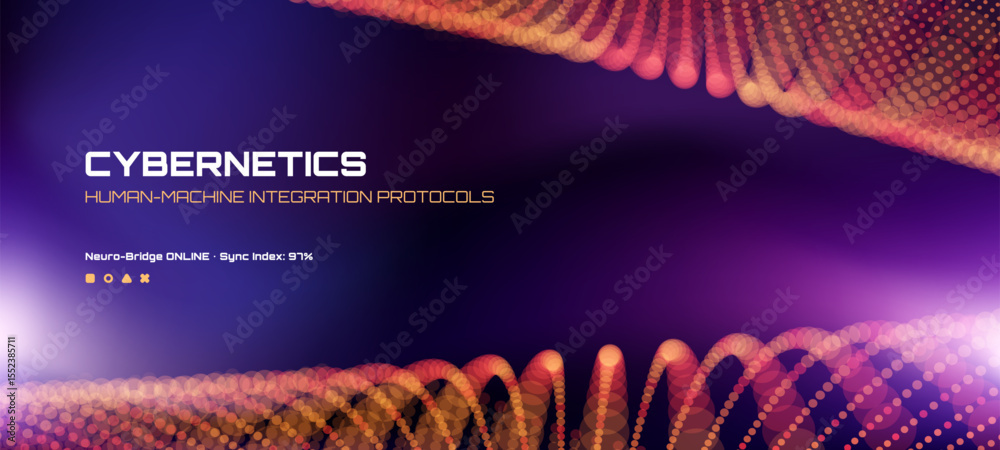 Poster Cybernetics human-machine integration protocols. Digital technology background with a DNA-like structure. Vector science template.