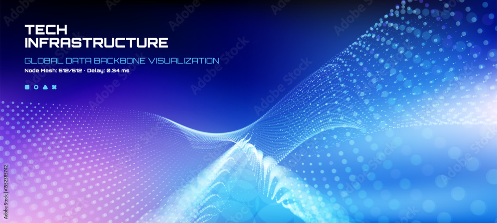 Poster Tech infrastructure global data backbone visualization with abstract dotted waves for network, big data, and cloud computing.