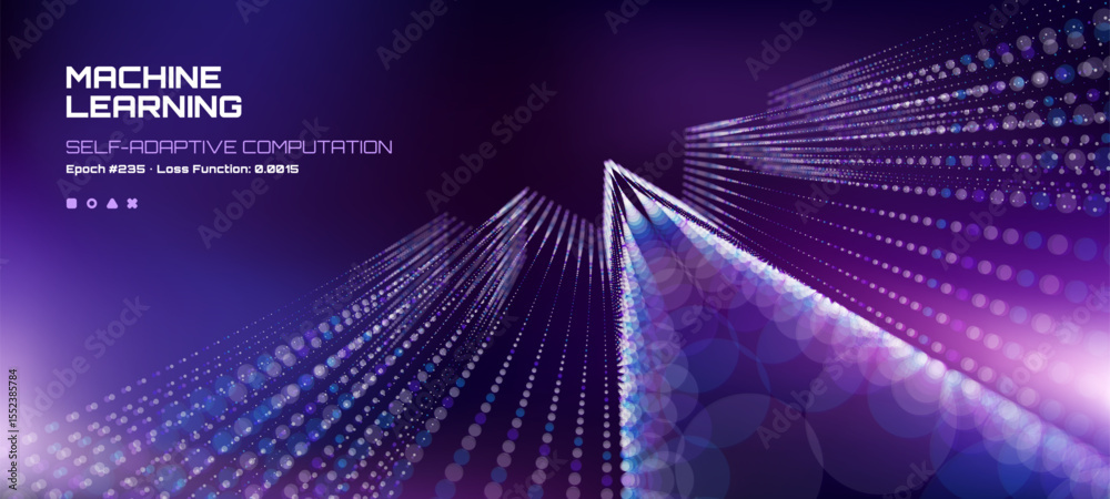 Poster Machine learning self-adaptive computation on a purple background. AI and data science concept, neural network technology.