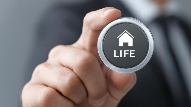 A person in a suit is pressing a button labeled "LIFE" with a house icon on it.