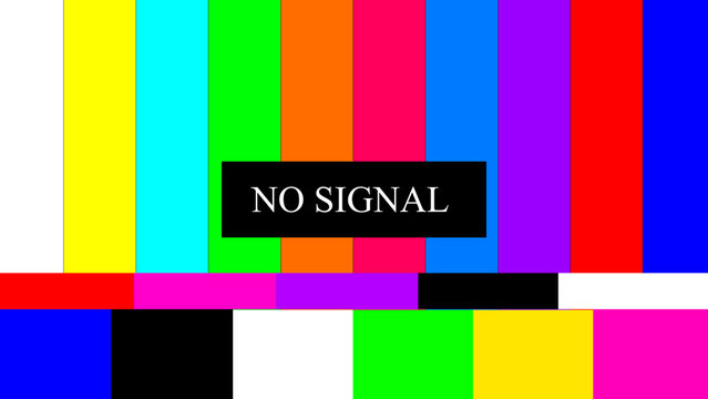 Classic colorful test pattern displaying a "no signal" message on a television screen indicating a lack of broadcasting content.